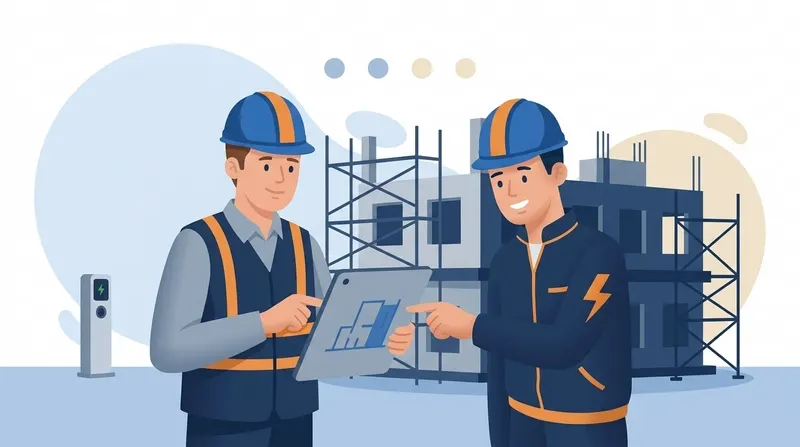 Stavbyvedúci a slovenský elektrikár preberajú postup prác na stavbe